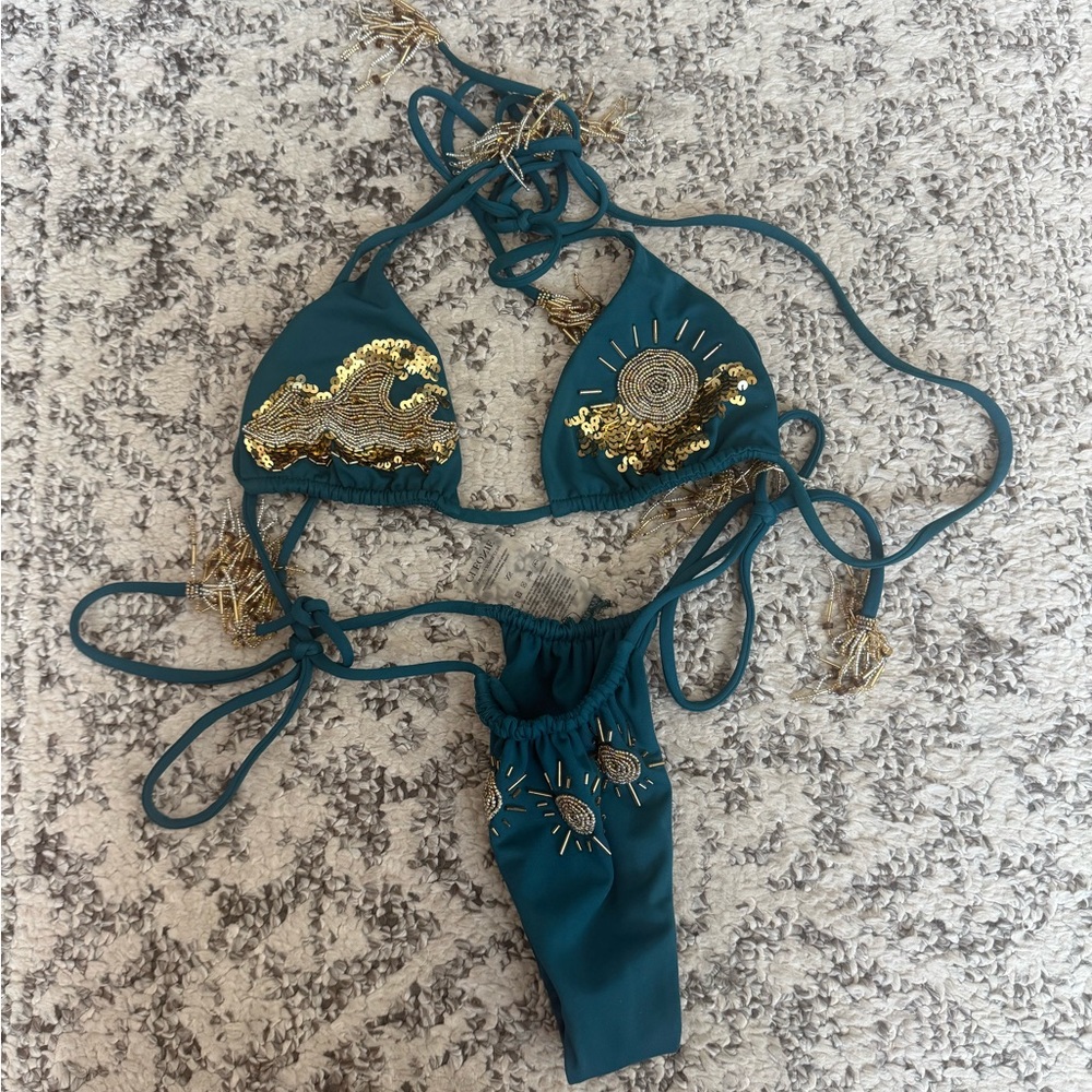 beautiful CLEONIE bikini!!! XS- Teal Embellished Sequin Triangle Bikini Set